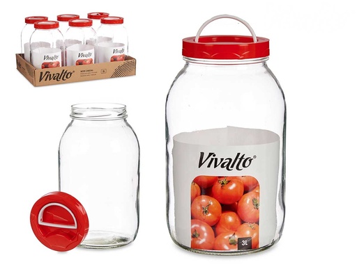 Bote cristal 3l con tapa roja y asa, ideal para almacenamiento seguro