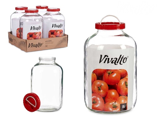 Bote cristal 8L con tapa roja y asa: ideal para conservación fácil