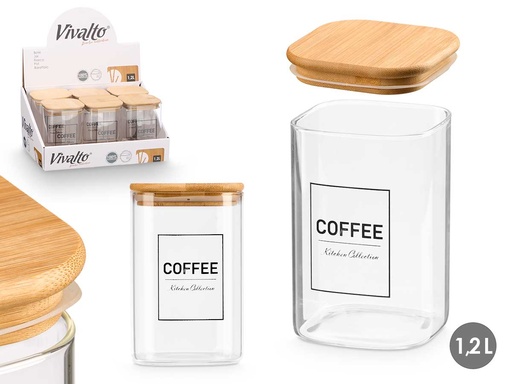 Bote cuadrado borosilicato con tapa de bambú, ideal para café 1,2l