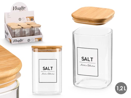 Bote cuadrado borosilicato con tapa de bambú, ideal para conservar