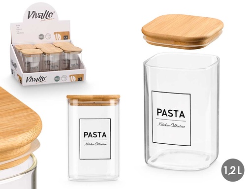 Bote cuadrado borosilicato con tapa de bambú, ideal para pasta 1,2L