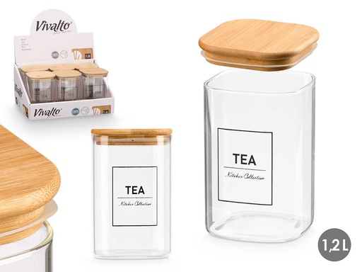 Bote cuadrado borosilicato con tapa de bambú, perfecto para tea 1,2L