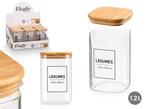 Bote cuadrado de borosilicato con tapa de bambú para legumbres 1,2L