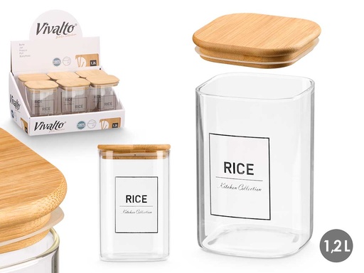 Bote cuadrado de borosilicato con tapa de bambú, ideal para almacenar