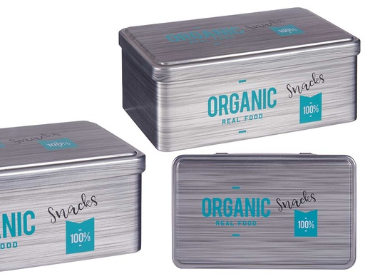 Bote hojalata rectangular para snacks orgánicos, práctico y elegante