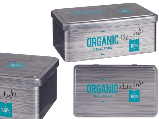 Bote hojalata rectangular: delicioso chocolate orgánico para ti