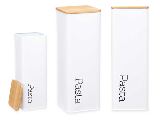 Bote metal alto para pasta blanco con tapa de bambú elegante