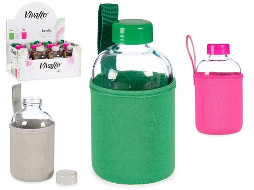 Botella cristal neopreno 600ml 3 pzs surtidos colores vivos para ti