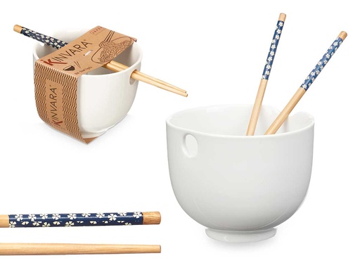 Bowl de porcelana asiática blanca con palillos de bambú incluidos