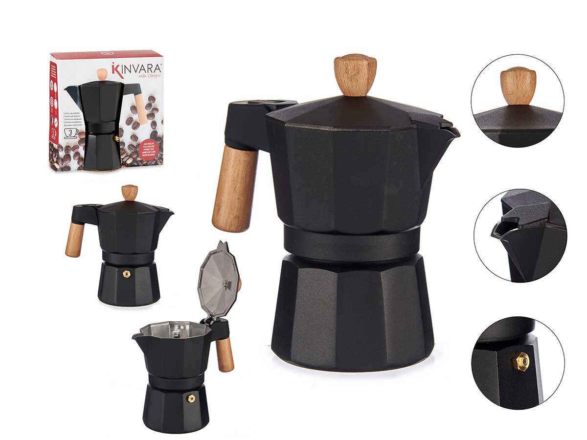 Cafetera aluminio 3 tazas negra con asa de madera, elegante y duradera
