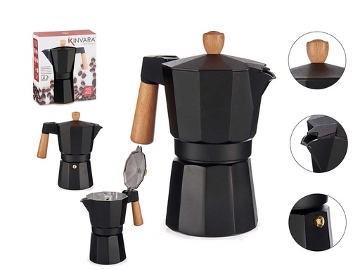 Cafetera aluminio 6 tazas negra con elegante asa de madera