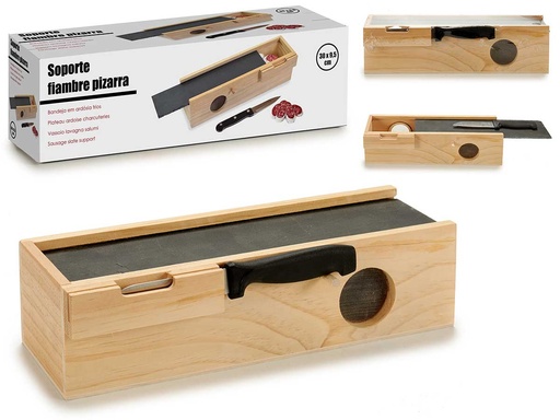 Caja madera fiambres con pizarra y cuchillo: elegante y práctico