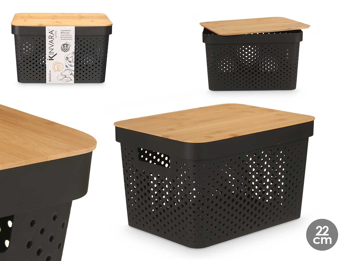 Caja multiusos perforada con tapa de bambú, elegante y práctica