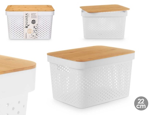 Caja multiusos perforada con tapa de bambú, ideal para organización