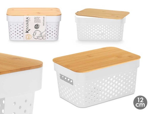 Caja multiusos perforada con tapa de bambú: elegancia en 12 cm