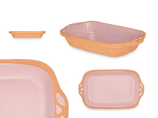 Cazuela barro rectangular con asas 23cm rosa, ideal para tus recetas