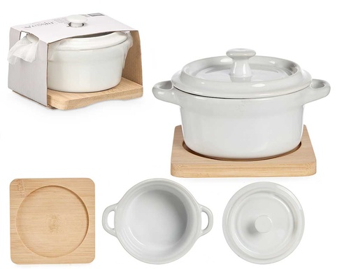 Cazuela cerámica redonda con base de bambú: estilo y durabilidad