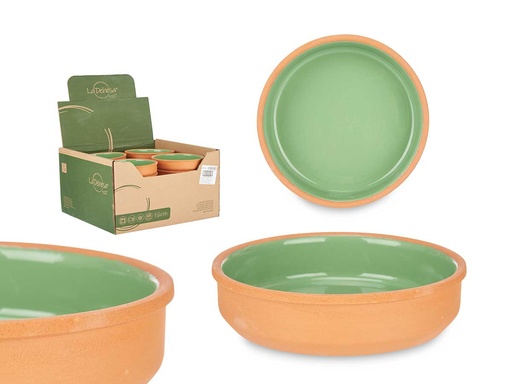 Cazuela de barro redonda 16cm en verde, ideal para tus guisos