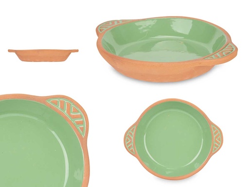 Cazuela de barro redonda con asas, ideal para cocinar y servir