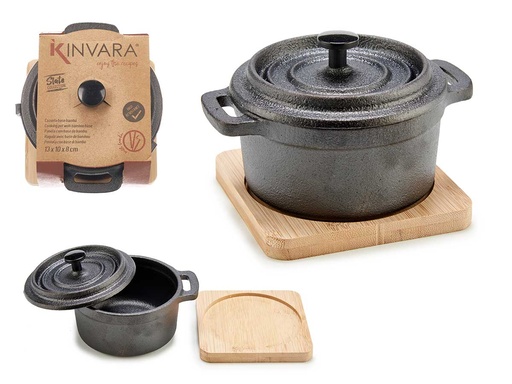 Cazuela redonda pequeña de hierro con base de bambú, ideal para cocina