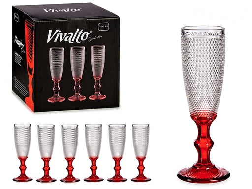 Copa de cava de vidrio con puntos y pie rojo, elegante y única