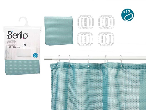 Cortina de baño de poliéster verde y azul con puntos decorativos