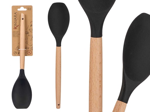 Cuchara sopera negra con mango de madera, elegante y resistente