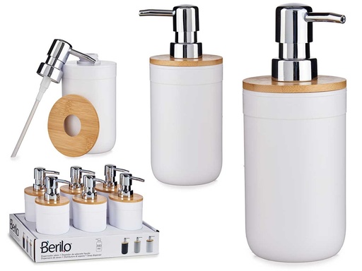 Dosificador blanco con tapa de bambú, práctico y elegante