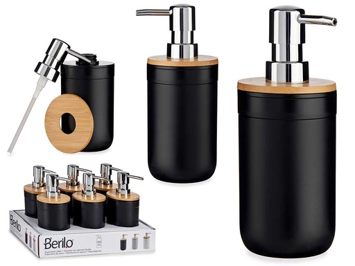 Dosificador negro con tapa de bambú: elegancia y funcionalidad
