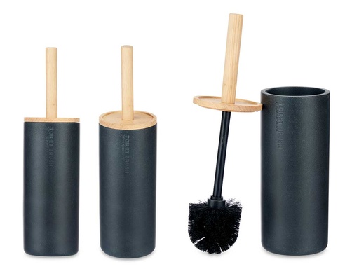 Escobillero de resina negro con tapa de bambú, elegante y duradero