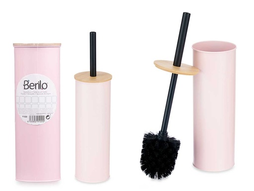 Escobillero metálico con tapa de bambú rosa, elegante y duradero