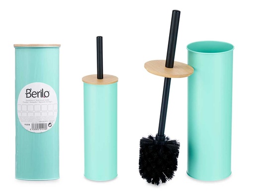 Escobillero metálico con tapa de bambú, elegante y práctico