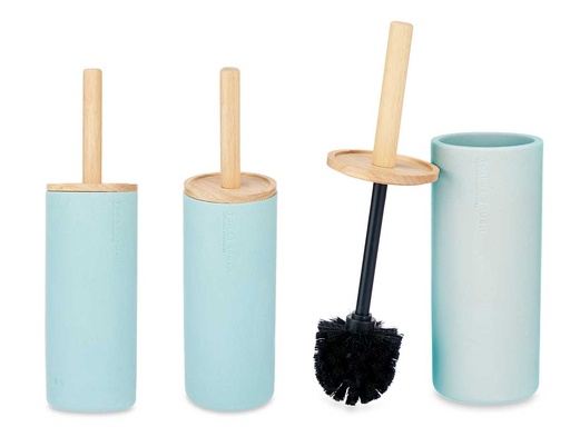 Escobillero resina alto con tapa de bambú azul, elegante y duradero