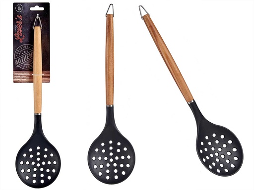 Espumadera de nylon con mango de madera de haya, ideal para cocinar