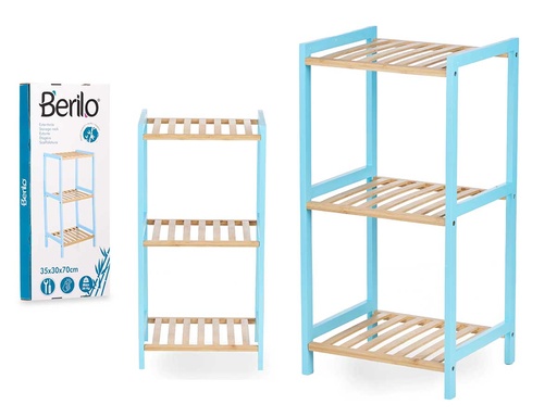 Estantería cuadrada de 3 estantes en bambú azul, elegante y práctica