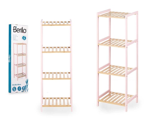Estantería cuadrada de 4 estantes de bambú rosa, elegante y práctica