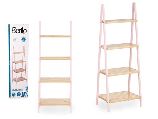 Estantería escalera 4 estantes de bambú rosa, estilo y funcionalidad