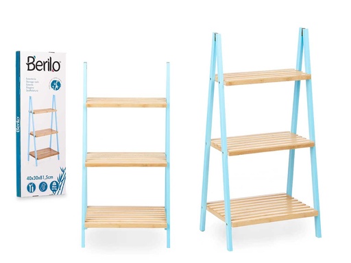 Estantería escalera de 3 estantes en bambú azul, elegante y funcional