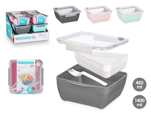 Fiambrera compartimentos surtida en 3 colores, 450ml y 1,4l