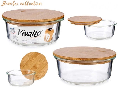 Fiambrera hermética de borosilicato con tapa de bambú, 620ml