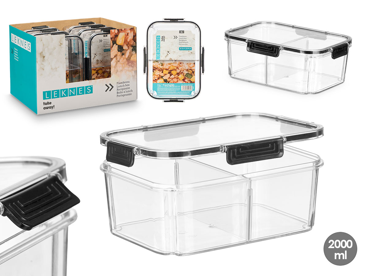 Fiambrera hermética negra de 2L con divisorio para alimentos frescos