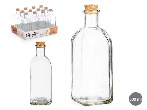 Frasca de vidrio 500 ml con tapón de corcho, ideal para conservas
