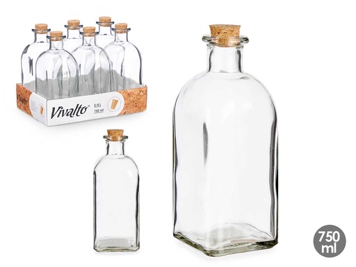 Frasca vidrio de 750 ml con tapón de corcho, ideal para conservación