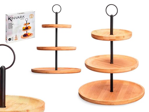 Frutero bambú 3 pisos con soporte metálico, ideal para tu cocina