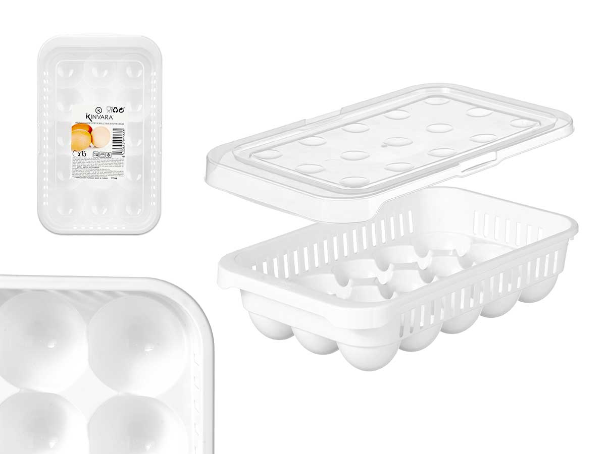 Huevera plástico 15 huecos blanca y transparente, ideal para organizar