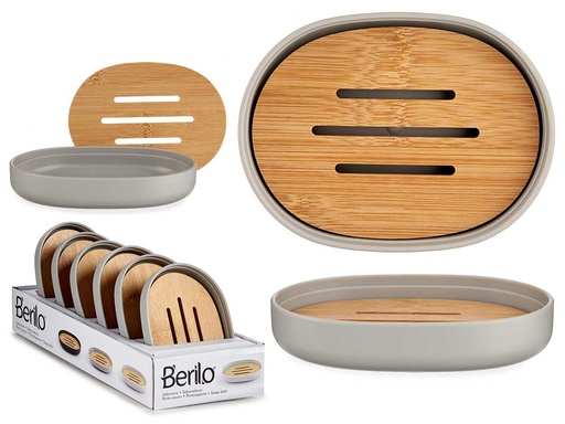 Jabonera gris con tapa de bambú: estilo y funcionalidad en uno