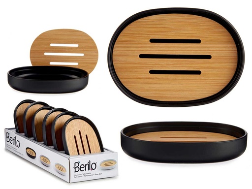 Jabonera negra con tapa de bambú: elegancia y funcionalidad diaria
