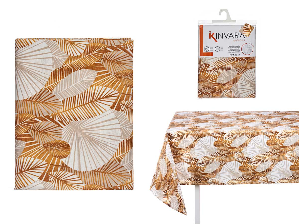 Mantel loneta antimanchas con diseño de hojas doradas para tu mesa