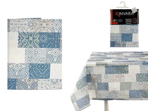 Mantel loneta antimanchas en elegante azulejo azul para tu mesa
