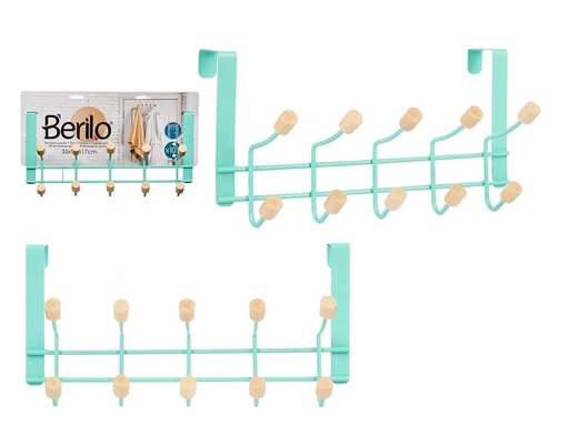 Percha metal con 10 ganchos y acabado en madera menta elegante